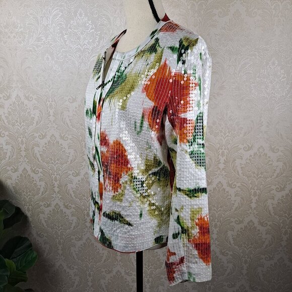 Chico's Size 1 (US S) Zip Front Jacket White Orange Green Clear Sequins Rd Neck - Picture 5 of 11